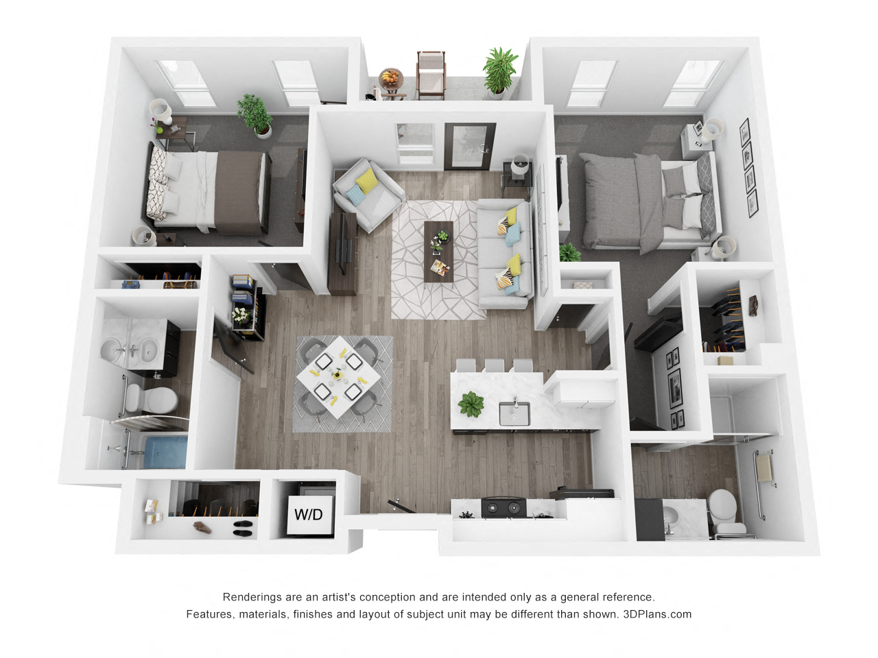 Floor plan for 2 beds, 2 baths, 990 sqft